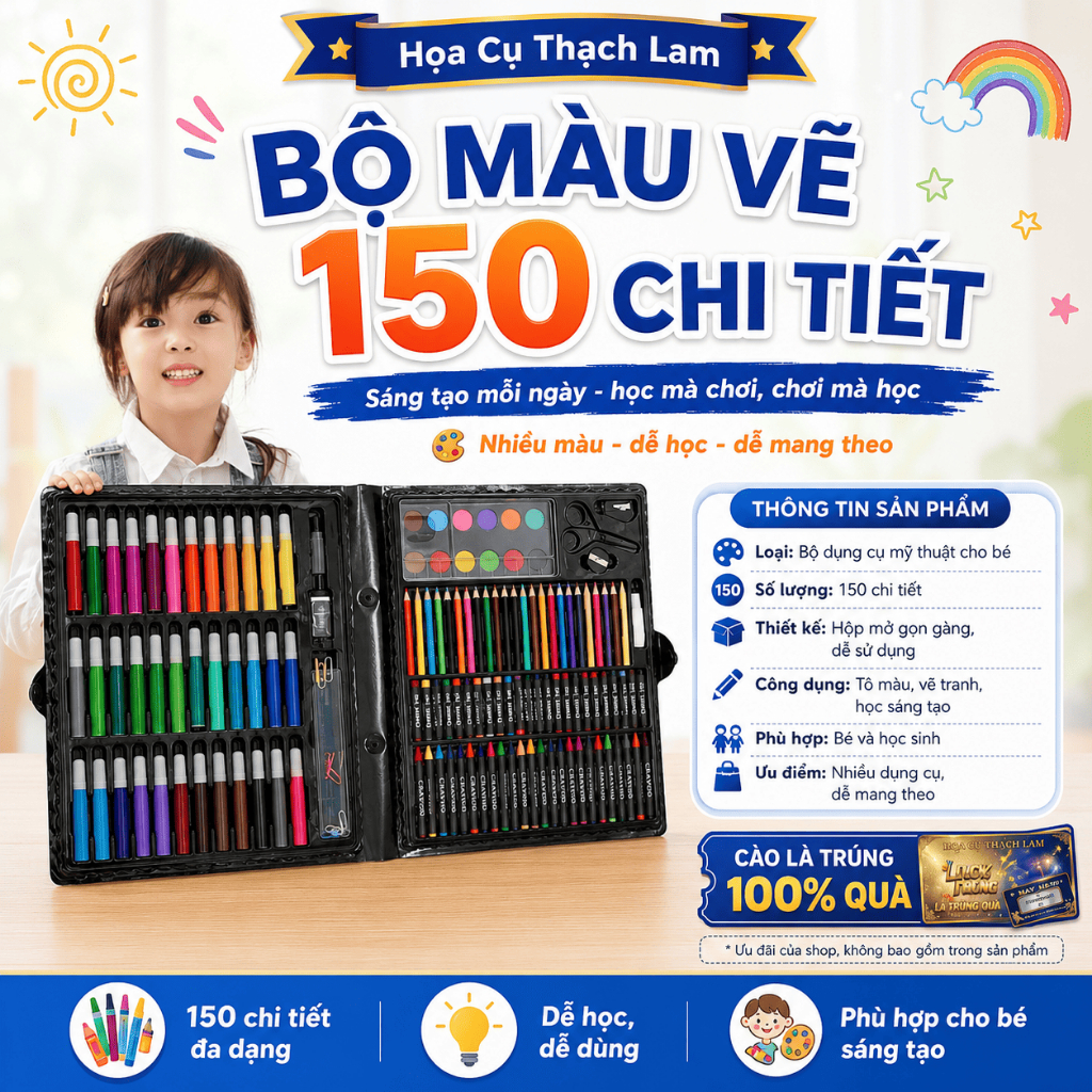 Bộ hộp bút màu 150 món cho bé tô màu hộp màu 150 chi tiết cho bé vẽ tranh HSD365 bé yêu thỏa s