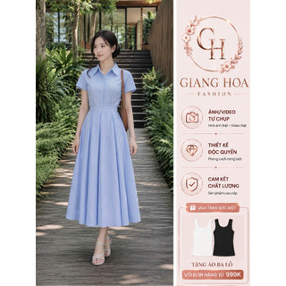VT2496 – Váy sơ mi nữ cổ bẻ tay ngắn, dáng dài xòe nhẹ, chất vải thô sọc xanh nhạt thanh lịch