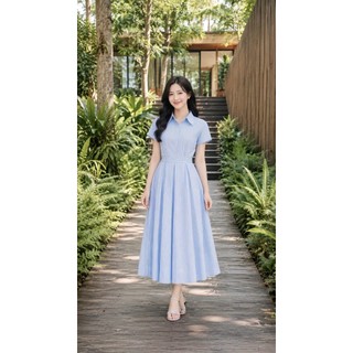 VT2496 – Váy sơ mi nữ cổ bẻ tay ngắn, dáng dài xòe nhẹ, chất vải thô sọc xanh nhạt thanh lịch