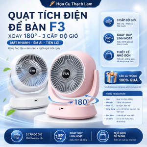Quạt Tích Điện Để Bàn Mini 360 độ 3 Cấp Độ Gió, Pin Lithium Dung Lượng Lớn, Sạc Nhanh dây sặc type C