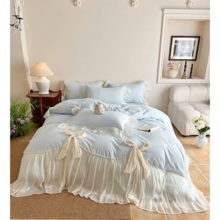 Set Chăn Ga Gối Đũi Cao Cấp Phối Ren Thắt Nơ Kiểu, Bộ Phủ Đũi Mịn Mát Sang Chảnh Cho Phòng Ngủ (Set 4 Món)