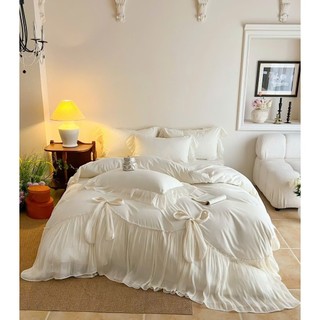 Set Chăn Ga Gối Đũi Cao Cấp Phối Ren Thắt Nơ Kiểu, Bộ Phủ Đũi Mịn Mát Sang Chảnh Cho Phòng Ngủ (Set 4 Món)