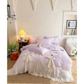 Set Chăn Ga Gối Đũi Cao Cấp Phối Ren Thắt Nơ Kiểu, Bộ Phủ Đũi Mịn Mát Sang Chảnh Cho Phòng Ngủ (Set 4 Món)