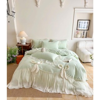 Set Chăn Ga Gối Đũi Cao Cấp Phối Ren Thắt Nơ Kiểu, Bộ Phủ Đũi Mịn Mát Sang Chảnh Cho Phòng Ngủ (Set 4 Món)