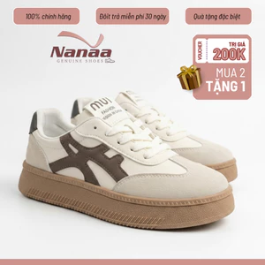 Già Nữ Độn Đế 4cm Bằng Da Phối Màu Nâu, Đen Basic Thời Trang Sneaker Bản Dày Êm Chân Đứng Form