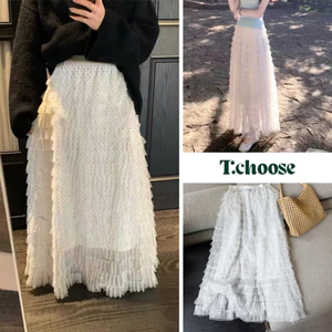 Chân váy dài xòe chấm bi xếp tầng 5659 TCHOOSE