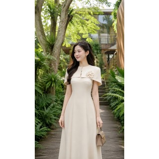 VT251214 - Đầm Dáng A Cao Cấp Cổ Cape Đính Hoa | Đầm Dự Tiệc Thanh Lịch | Đầm Công Sở Sang Trọng | Đầm Thiết Kế Cao Cấp