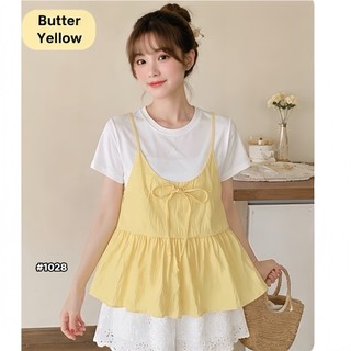 (MỞ BÁN) Set yếm nữ 2 dây dáng bí đính nơ kèm áo thun cộc tay basic tiểu thư đi chơi du lịch Yến Tee #1028