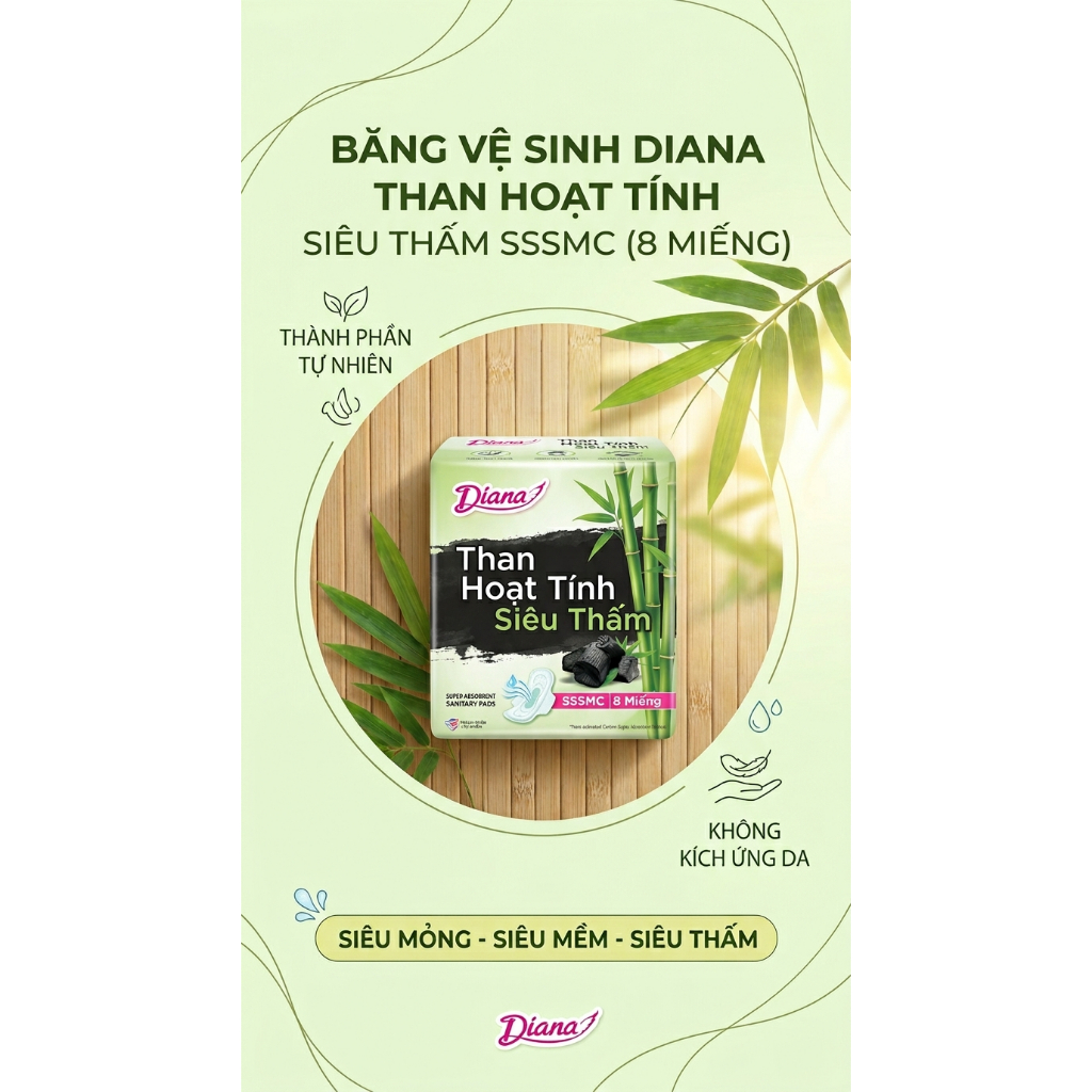BVS DIANA THAN HOẠT TÍNH SIÊU THẤM SIÊU MỎNG CÓ CÁNH (GÓI 8 MIẾNG) – KHÁNG KHUẨN & KHỬ MÙI VƯỢT TRỘI