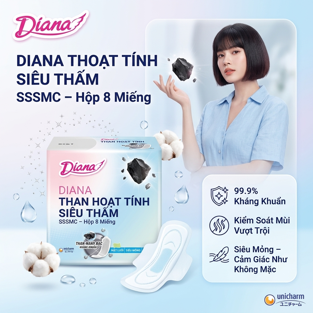 BVS DIANA THAN HOẠT TÍNH SIÊU THẤM SIÊU MỎNG CÓ CÁNH (GÓI 8 MIẾNG) – KHÁNG KHUẨN & KHỬ MÙI VƯỢT TRỘI