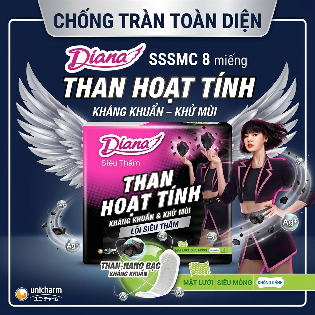 BVS DIANA THAN HOẠT TÍNH SIÊU THẤM SIÊU MỎNG CÓ CÁNH (GÓI 8 MIẾNG) – KHÁNG KHUẨN & KHỬ MÙI VƯỢT TRỘI