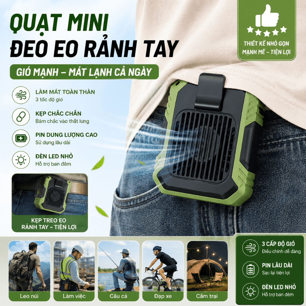 Quạt đeo hông, quạt cầm tay/để bàn mini USB kẹp, quạt làm mát đeo cổ ngoài trời