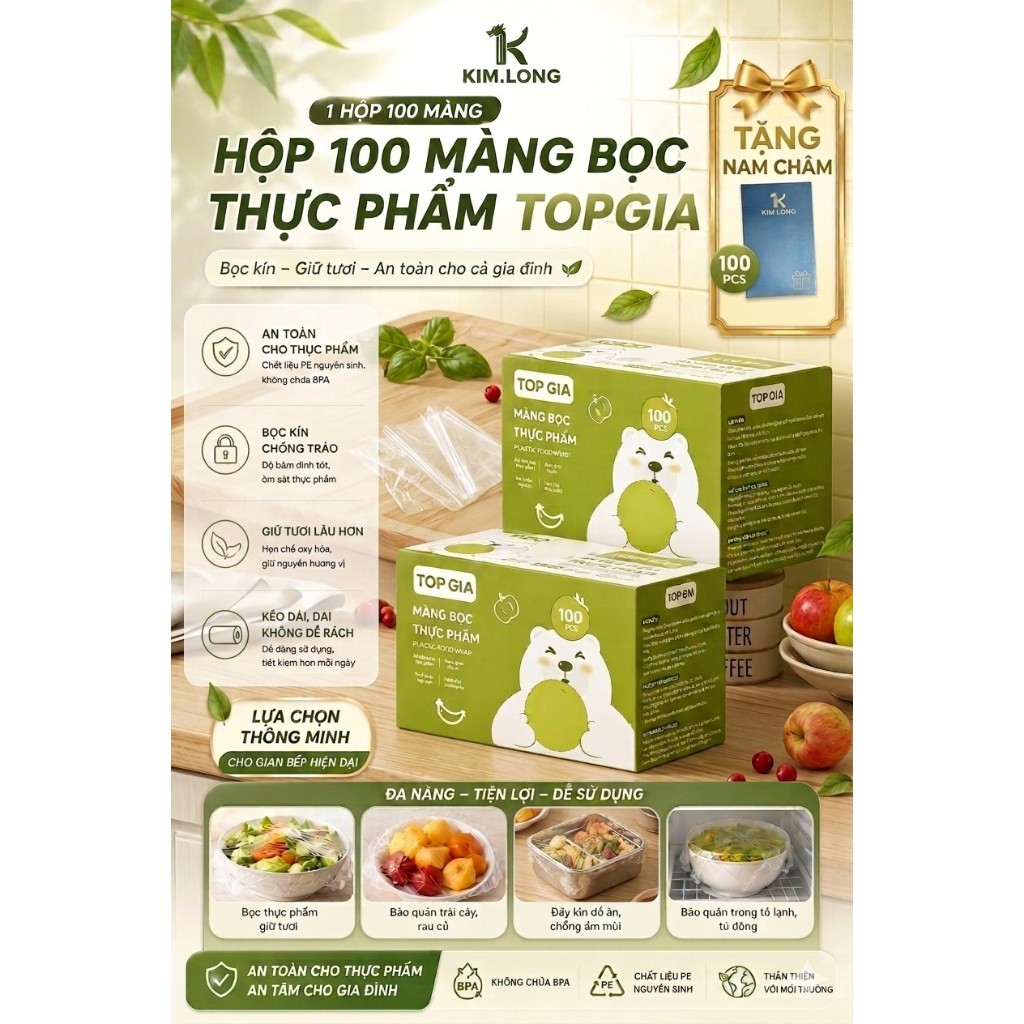 [Tặng Kèm Nam Châm] Hộp 100 Màng Bọc Thực Phẩm Treo Tường TopGia Cao Cấp