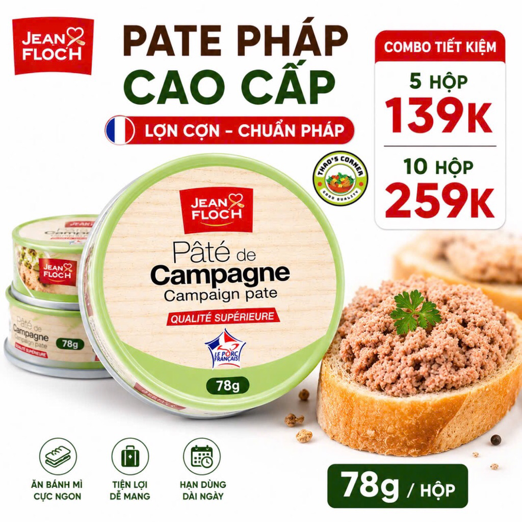 Combo 10 hộp | Pate Pháp de Campagne Jean Floc’h 78g –  Chuẩn Vị Pháp, Đậm Vị Gan & Thịt, Không Xay Nhuyễn, Ăn Bánh Mì