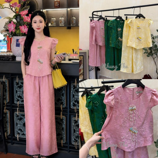Sét áo lụa cộc tay khâu hình con sứa + quần xuông