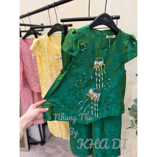 Sét áo lụa cộc tay khâu hình con sứa + quần xuông