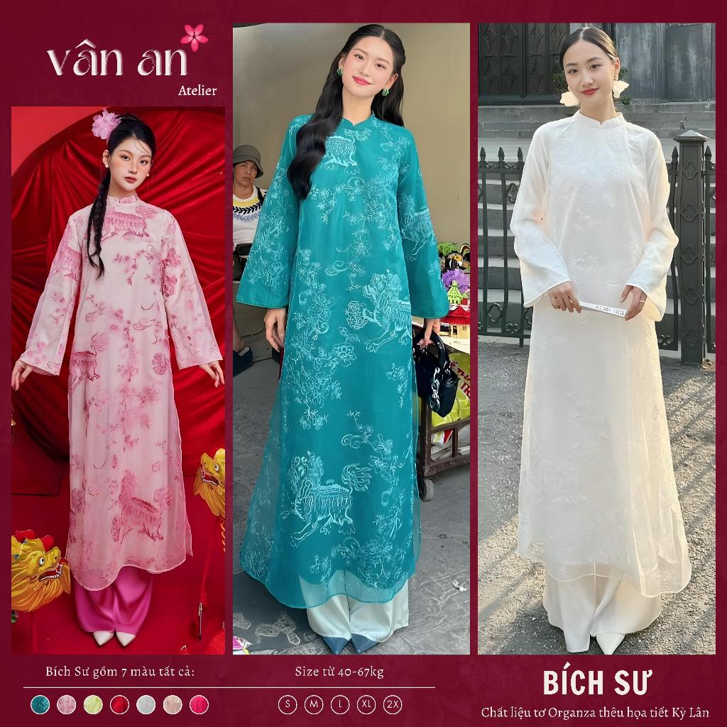 Áo Dài BÍCH SƯ - Dáng Suông, Tay Dài - Chất Liệu Tơ Organza Cao Cấp Thêu - Mặc Tết, Dạm Ngõ - Áo Dài Vân An