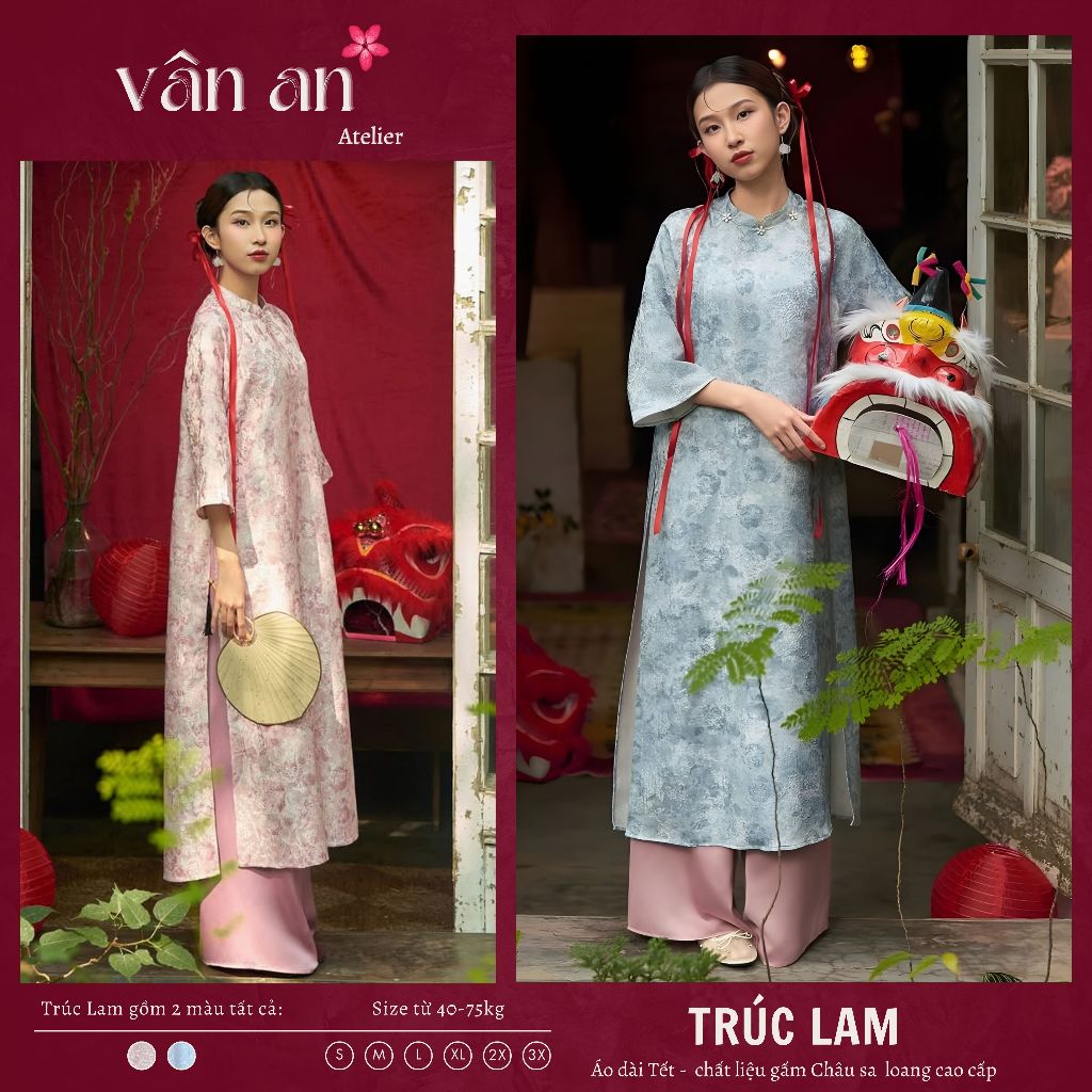 Áo Dài TRÚC LAM - Dáng Suông 2 Tà - Chất Liệu Gấm Châu Sa Dệt Nổi, Đính Charm - Mặc Lễ, Tết - Áo Dài Vân An