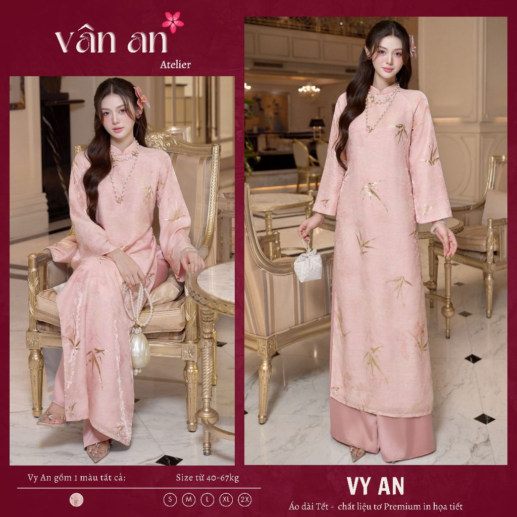 Áo Dài VY AN - Cách Tân Dáng Dài Với Thiết Kế 4 Tà - Chất Liệu Tơ In - Mặc Lễ Tết, Ăn Hỏi - Áo Dài Vân An