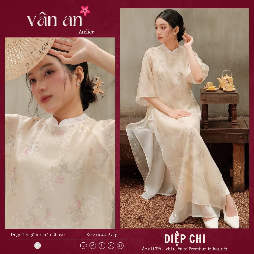 [SVIP - SẴN HÀNG] Áo Dài DIỆP CHI - Dáng Suông, Tay Lỡ Với Thiết Kế 4 Tà - Chất Liệu Tơ Premium In Hoa - Mặc Tết Dạm Ngõ