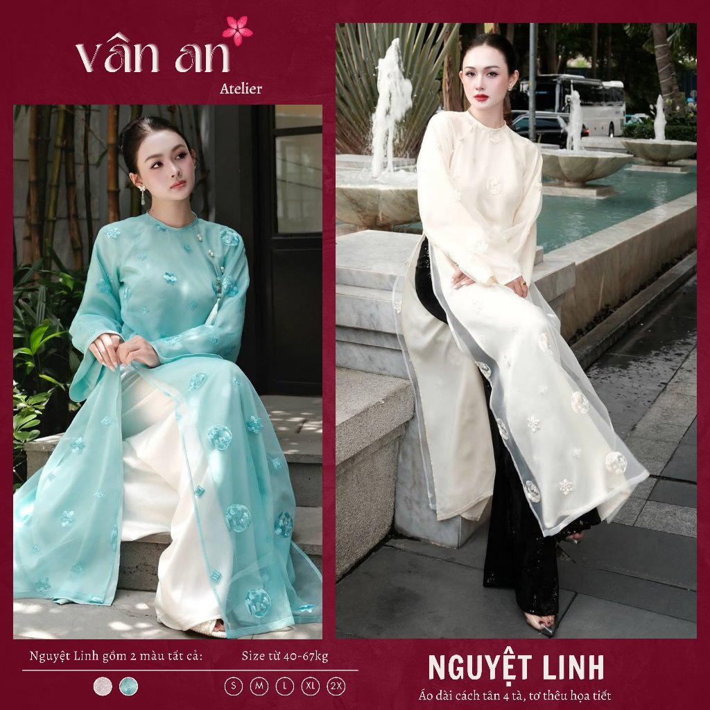 Áo Dài NGUYỆT LINH - Cách Tân Dáng Dài 4 Tà - Chất Liệu Tơ Thêu Hoạ Tiết Phù Hợp Mặc Dạm Ngõ - Áo Dài Vân An