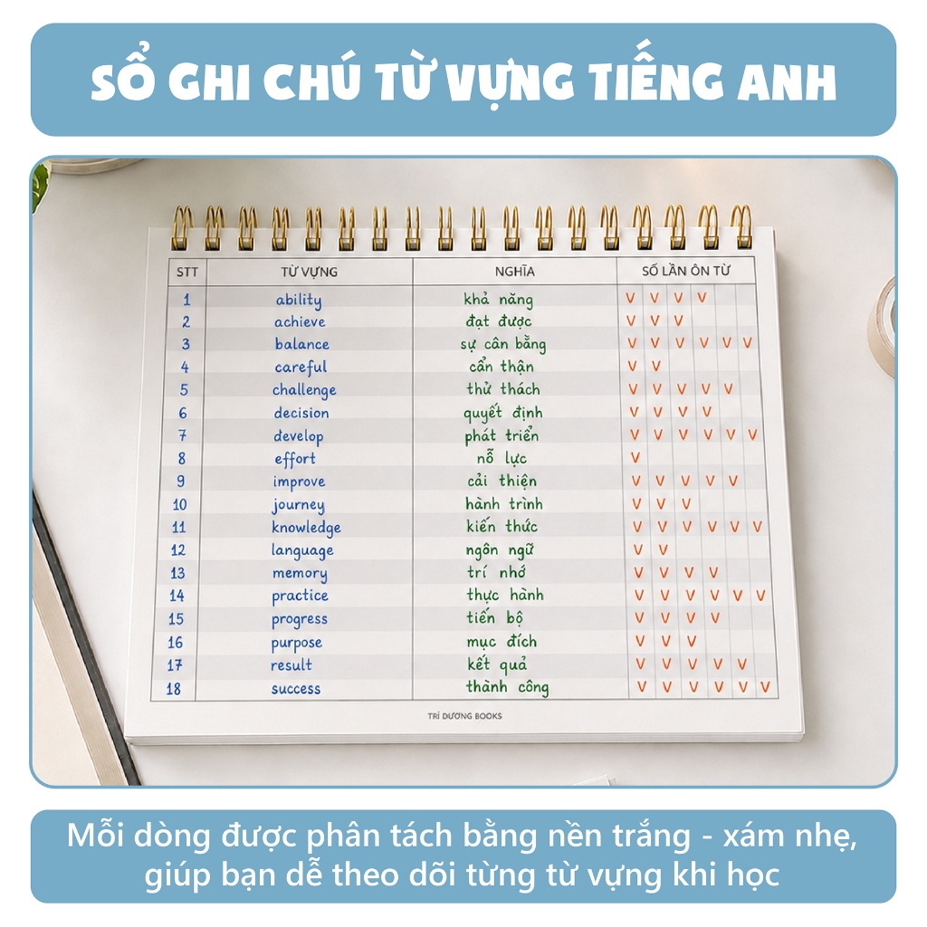 Sổ học từ vựng tiếng Anh -Trung - Hàn - Nhật . Sổ chăm học từ vựng thiết kế layout khoa học