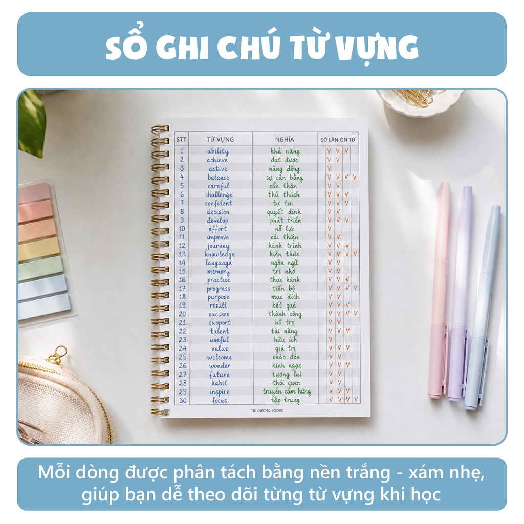 Sổ học từ vựng tiếng Anh -Trung - Hàn - Nhật . Sổ chăm học từ vựng thiết kế layout khoa học