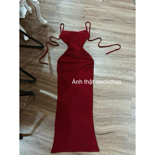 Đầm body nhún eo hông thiết kế xuông dài cột hở lưng chất thun ladong trơn mịn sang chảnh