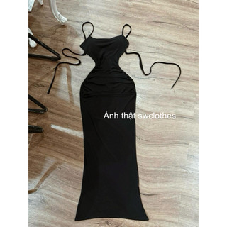 Đầm body nhún eo hông thiết kế xuông dài cột hở lưng chất thun ladong trơn mịn sang chảnh