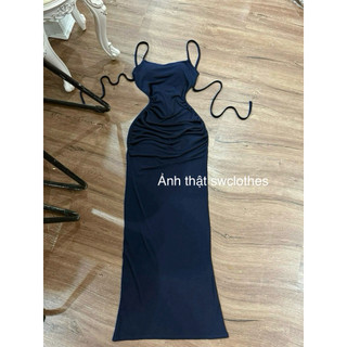 Đầm body nhún eo hông thiết kế xuông dài cột hở lưng chất thun ladong trơn mịn sang chảnh