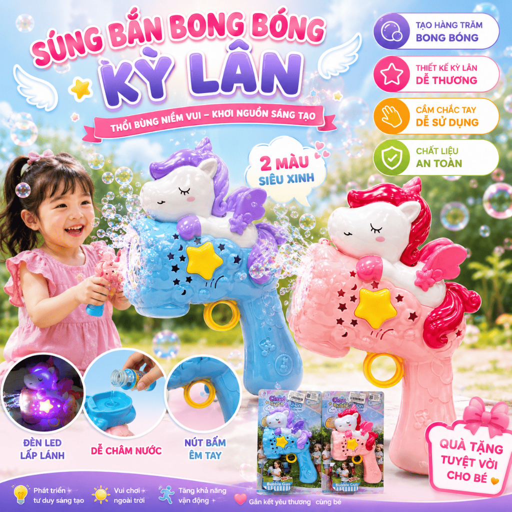 Súng Thổi Bong Bóng Kỳ Lân Unicorn Có Đèn Nhạc Kèm Dung Dịch Máy Tạo Bong Bóng Cho Bé Gái