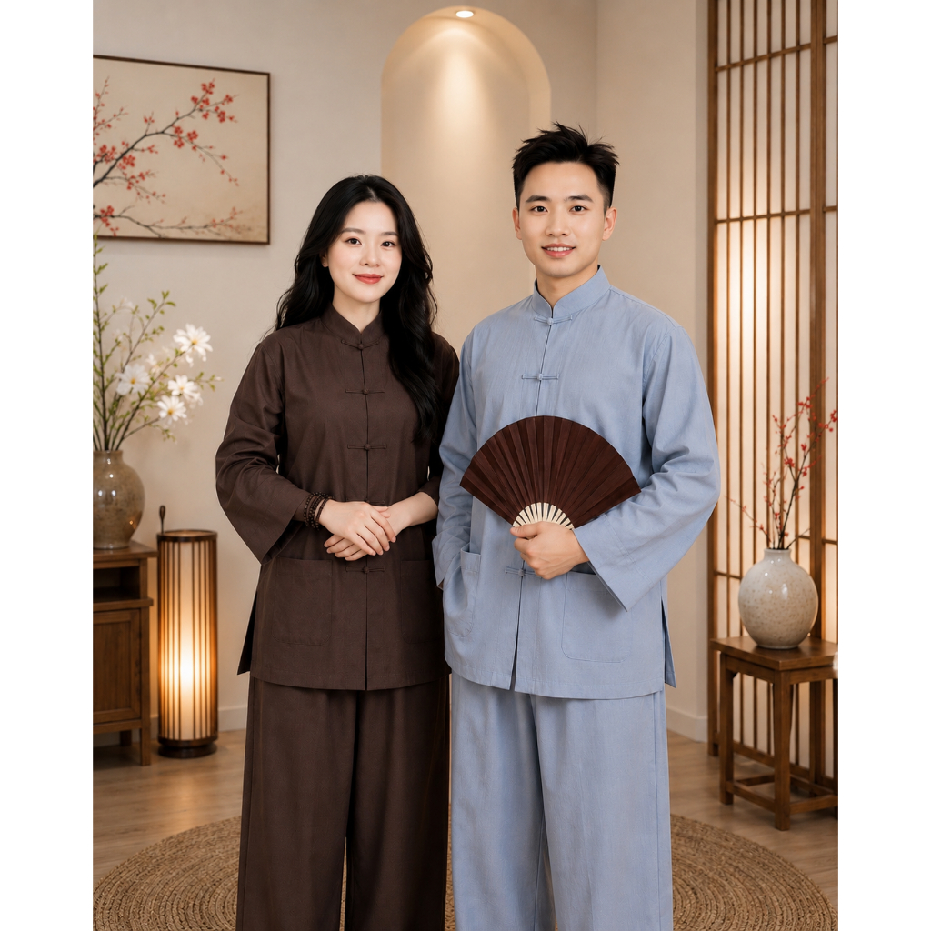 Pháp phục đồ lam đi chùa truyền thống nam/nữ nút cây vải kate loại 1 mát thấm hút mồ hôi – Lam Tuệ Anh