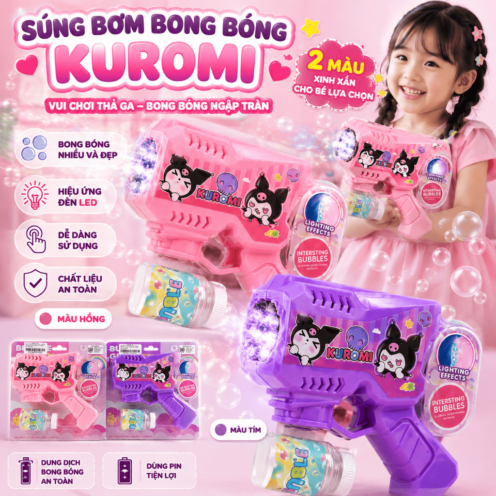 Súng Bắn Bong Bóng Kuromi Sanrio Có Đèn Nhạc - Đồ Chơi Máy Thổi Bong Bóng Tự Động Xà Phòng Cho Bé Cao Cấp