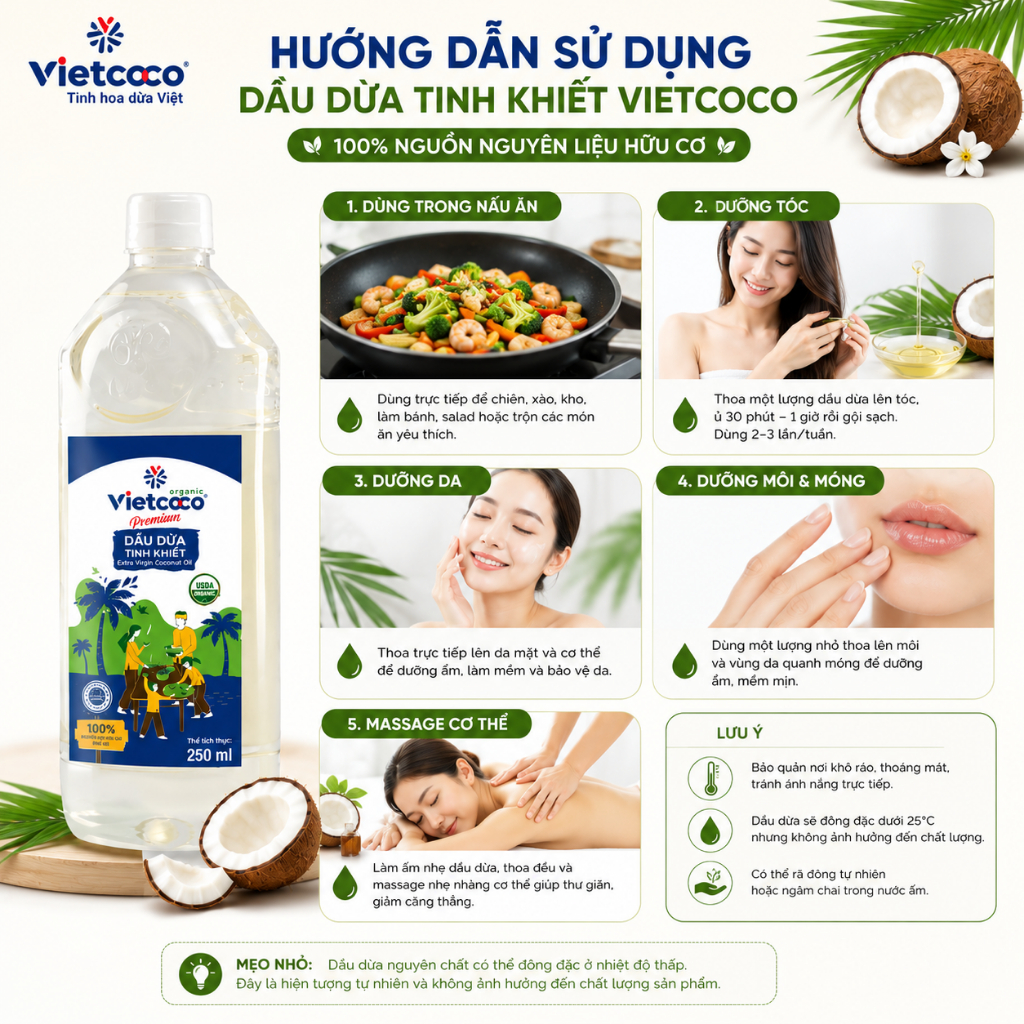 Dầu Dừa Nguyên Chất Vietcoco 250ml Extra Virgin Ép Lạnh – Dưỡng Da, Dưỡng Tóc, Nấu Ăn Healthy