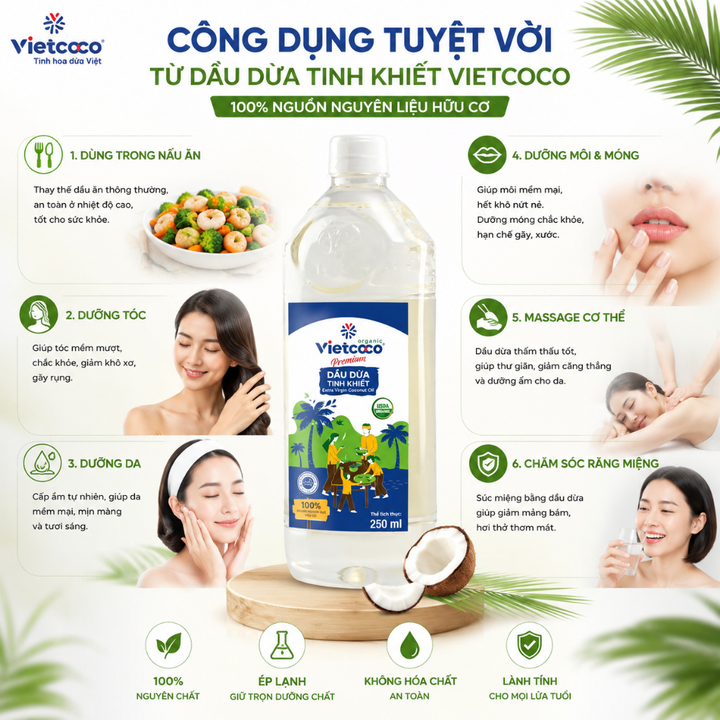 Dầu Dừa Nguyên Chất Vietcoco 250ml Extra Virgin Ép Lạnh – Dưỡng Da, Dưỡng Tóc, Nấu Ăn Healthy