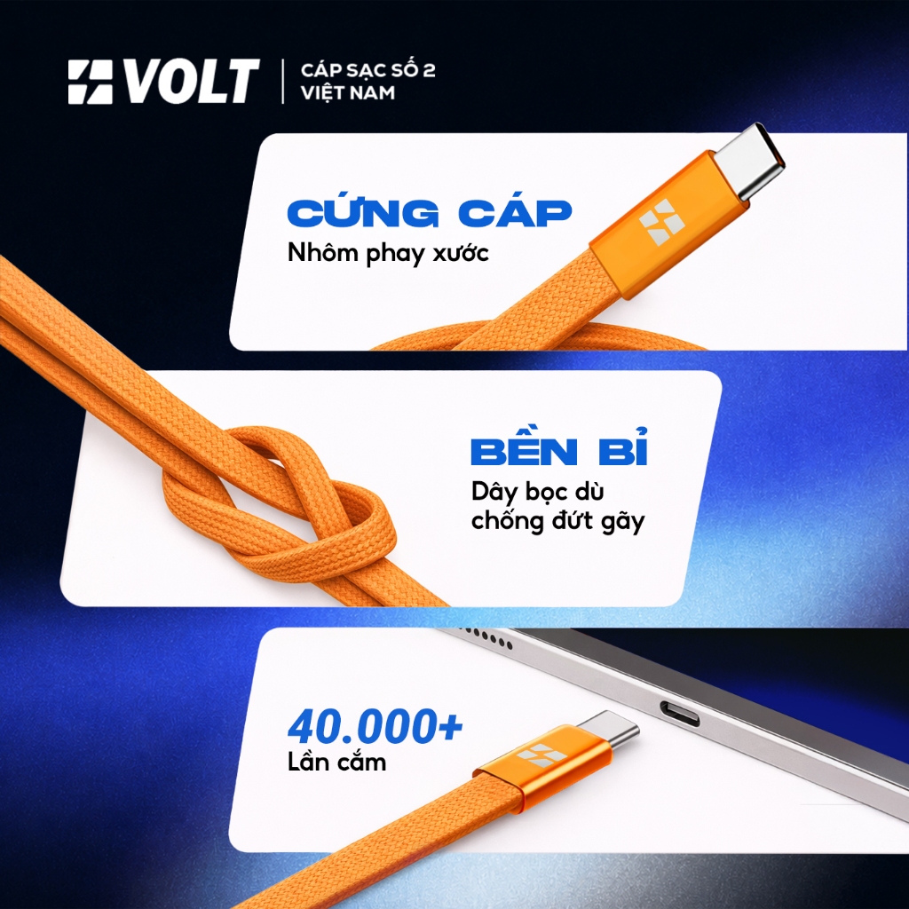 [VOLT] Cáp Sạc Nhanh USB C to C 65W PD, Dây Sạc Type C Bọc Dù Siêu Bền 1M Cho Laptop, iPhone 15/16, Samsung, iPad