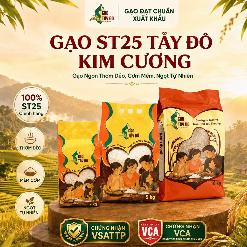 Gạo ST25 Tây Đô Kim Cương 2kg/5kg/10kg - Gạo Ngon Thơm Dẻo, Cơm Mềm, Ngọt Tự Nhiên [ST00]