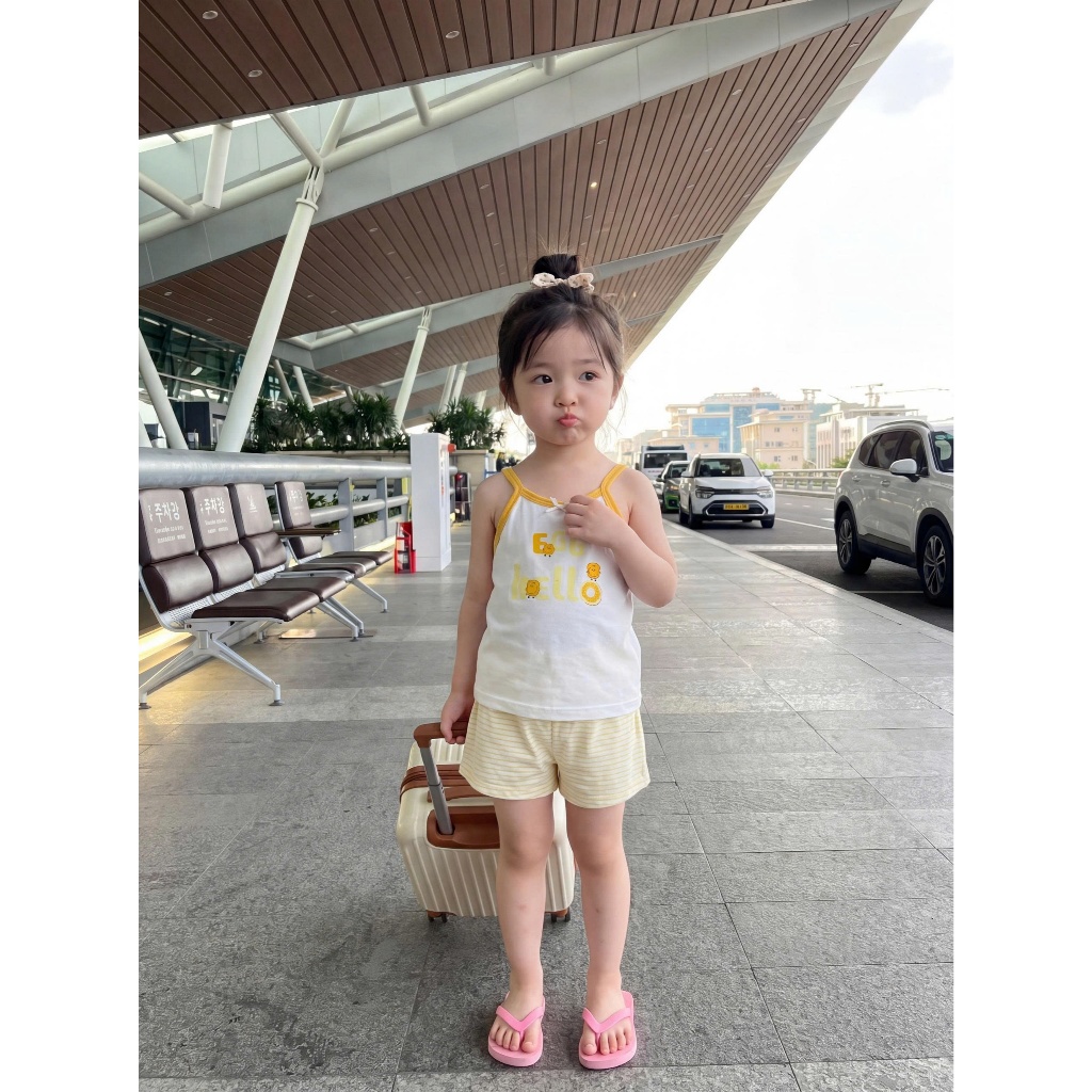 Set bộ cổ yếm bé gái Miniumbaby in hoạ tiết chữ bánh mix quần cộc cute, chất cotton mềm mại SB2740