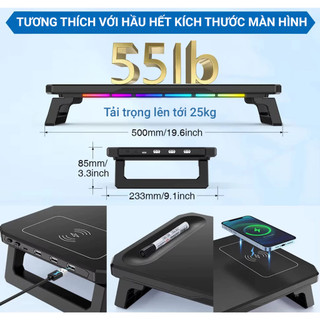 Kệ Nâng Màn Hình Máy Tính Có Đèn LEd RGB (50x23.5x8.5cm) - Sạc Không Dây Thông Minh, Tiết Kiệm Không Gian Bàn Làm Việc
