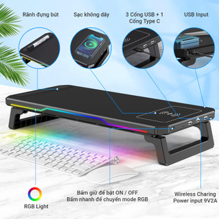 Kệ Nâng Màn Hình Máy Tính Có Đèn LEd RGB (50x23.5x8.5cm) - Sạc Không Dây Thông Minh, Tiết Kiệm Không Gian Bàn Làm Việc