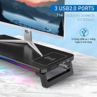 Kệ Nâng Màn Hình Máy Tính Có Đèn LEd RGB (50x23.5x8.5cm) - Sạc Không Dây Thông Minh, Tiết Kiệm Không Gian Bàn Làm Việc