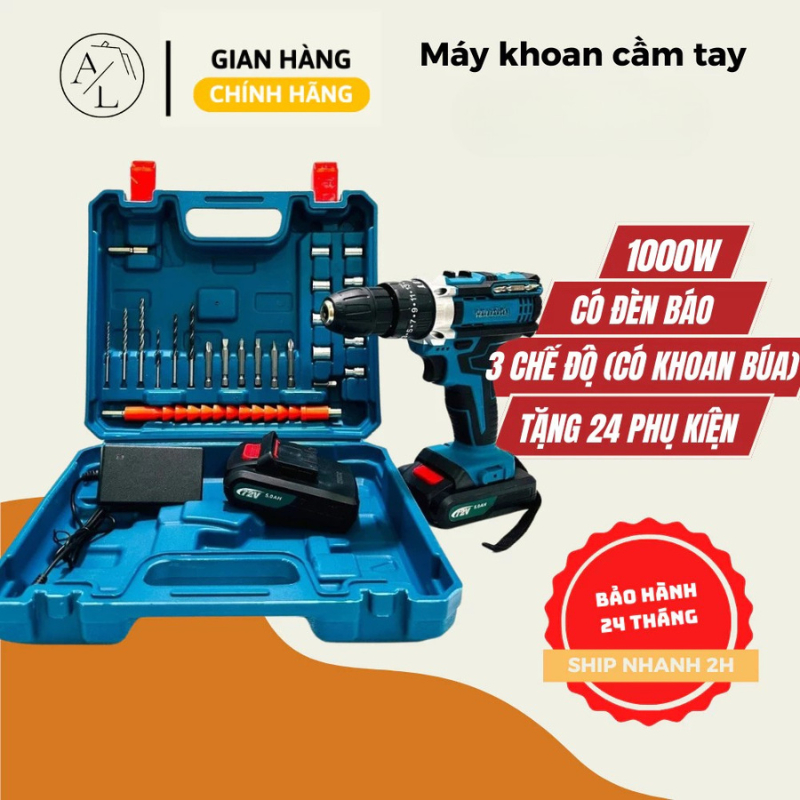 Máy khoan cầm tay 2 B.in, khoan tường, bắn vít, khoan sắt tặng kèm 24 chi tiết - Bảo hành 24 tháng A10
