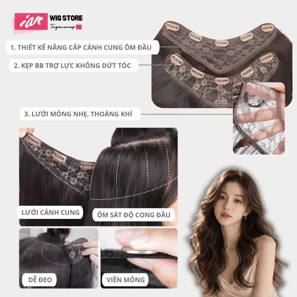 Kẹp Nửa Đầu Tóc Giả Dải Nâng Cấp Xoăn Thượng Hải IAN Cao Cấp - Tóc Mây Sóng Nước Bồng Bềnh Siêu Thật