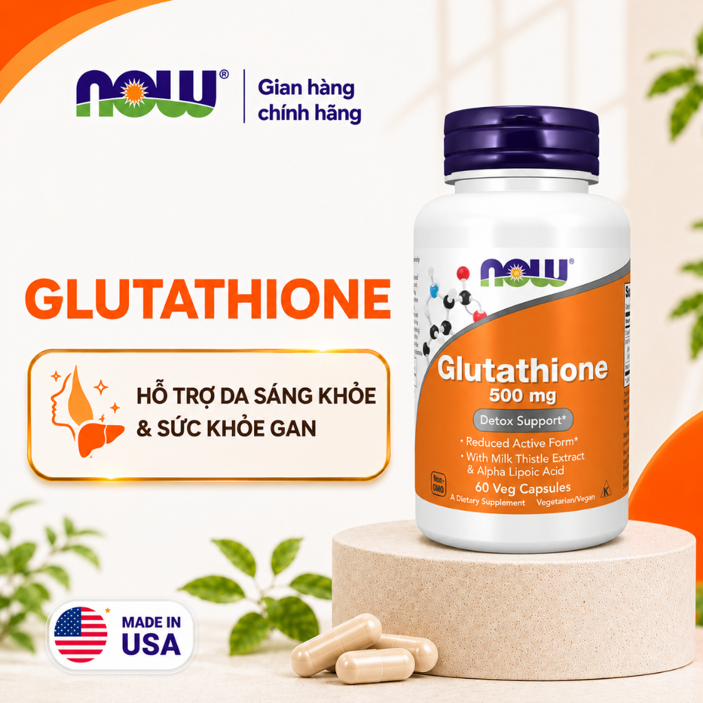 đủ bill) Viên uống Glutathione 500mg Now của Mỹ, hỗ trợ sáng da mờ nám,  chống oxy hóa, thải độc gan
