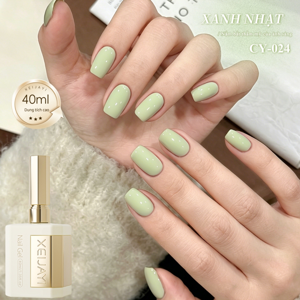 XEIJAYI 40ml - Sơn móng tay dạng gel màu xanh lá nhạt tươi mát, dung tích lớn, phù hợp cho mọi mùa.