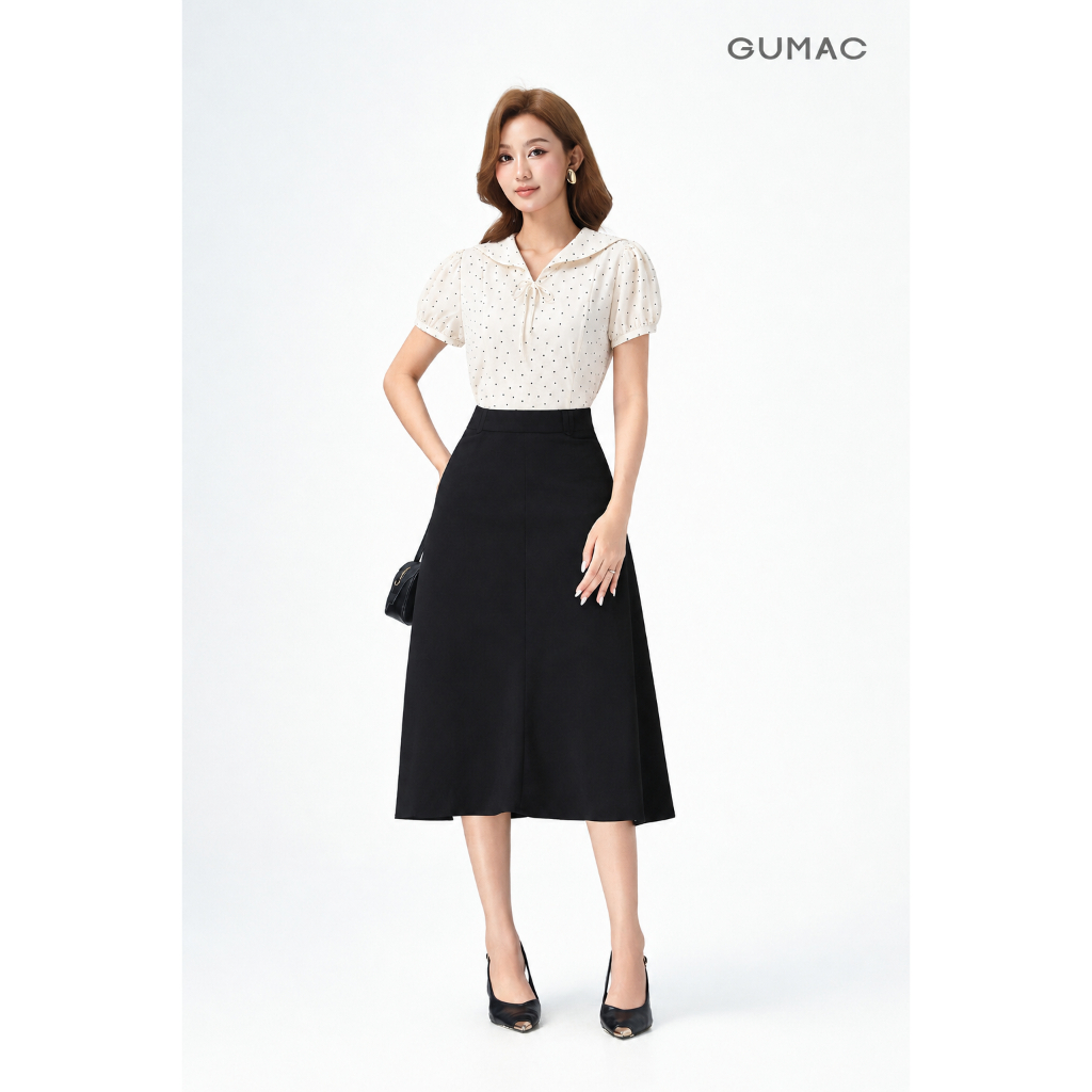 Áo Kiểu Nữ Peplum GUMAC Form Ôm Eo Tay Phồng Cổ Thủy Thủ Đính Nơ Chất Linen Xước Mềm Thanh Lịch YAG06042