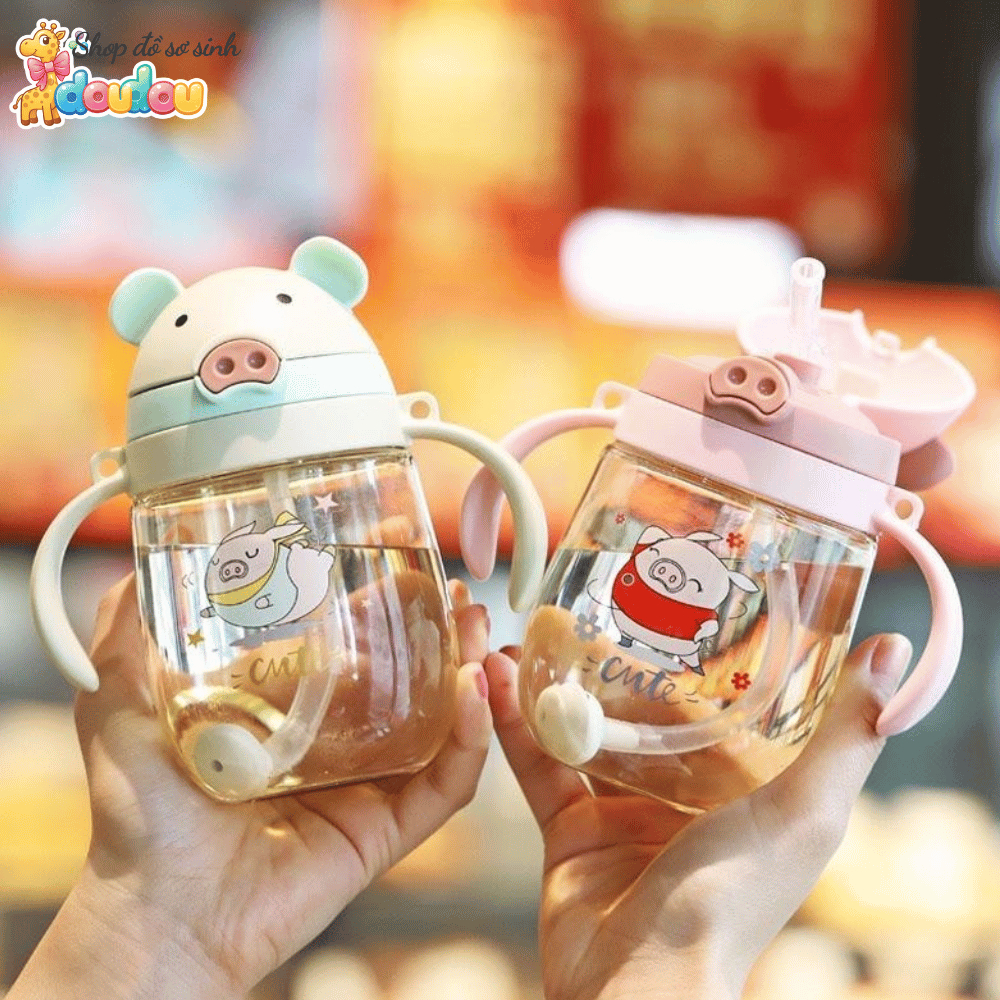 Bình Tập Uống Nước Cho Bé DouDou 280ml Ống Hút Silicon Mềm Có Van Chống Sặc, Chất Liệu An Toàn A15