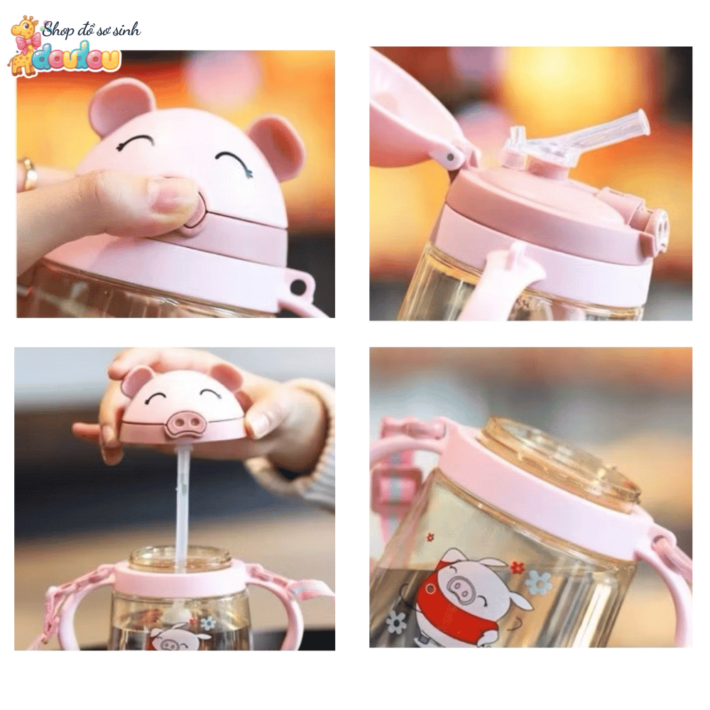 Bình Tập Uống Nước Cho Bé DouDou 280ml Ống Hút Silicon Mềm Có Van Chống Sặc, Chất Liệu An Toàn A15