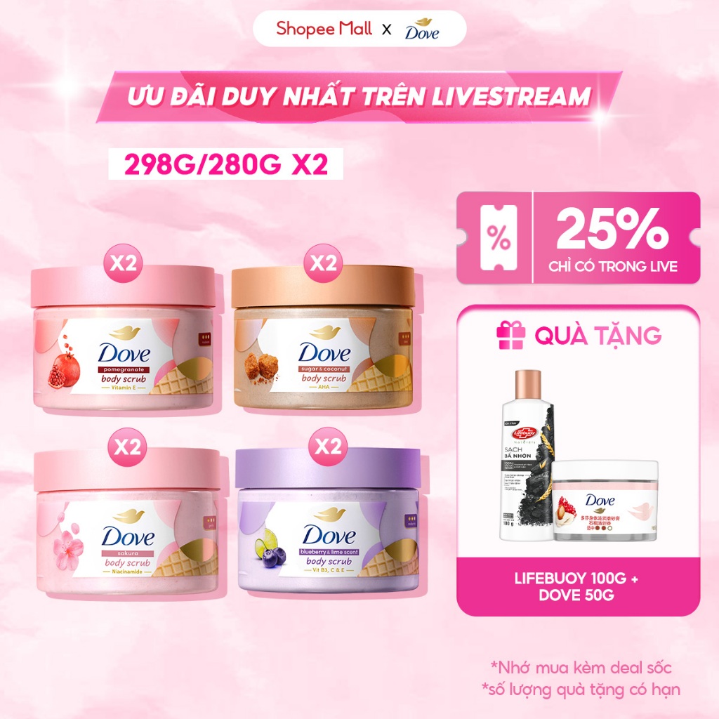 [LIVE] Combo 2 Smoothie Tẩy Tế Bào Chết Body Dove Chăm Da Sáng Mịn 298g/280g