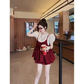 [S2.4364] Set 3 Món Áo Trắng Mix Yếm Chấm Bi Dáng Babydoll + Chân Váy Bí Phồng 3 Màu Siêu Xinh